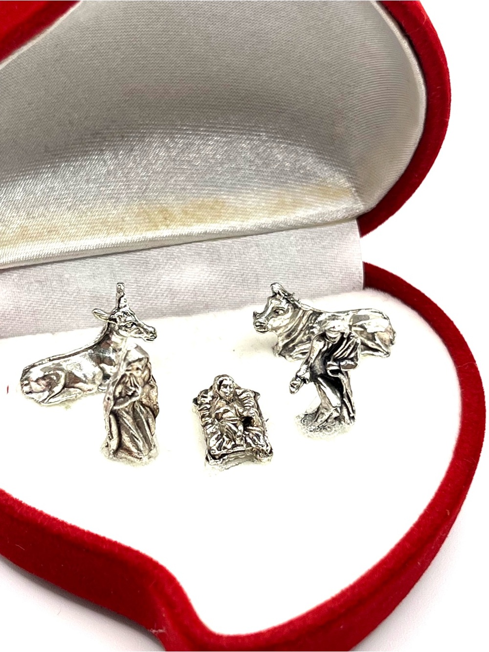 Miniature Nativity Set Silver tone in a Heart Box Christmas